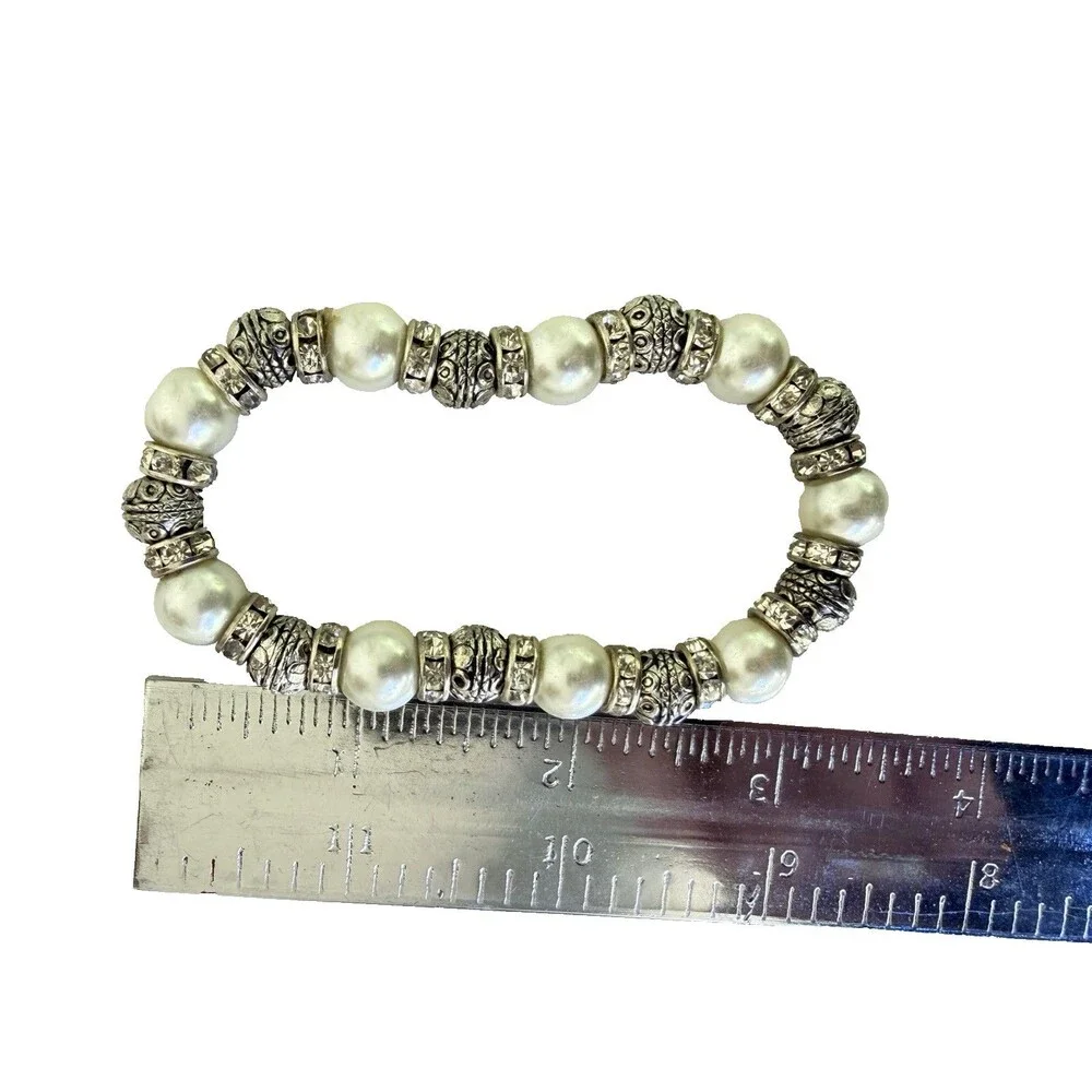 Vintage Faux Pearl Rhinestone Stretch Bracelet Silver Bali Bead Boho Chic